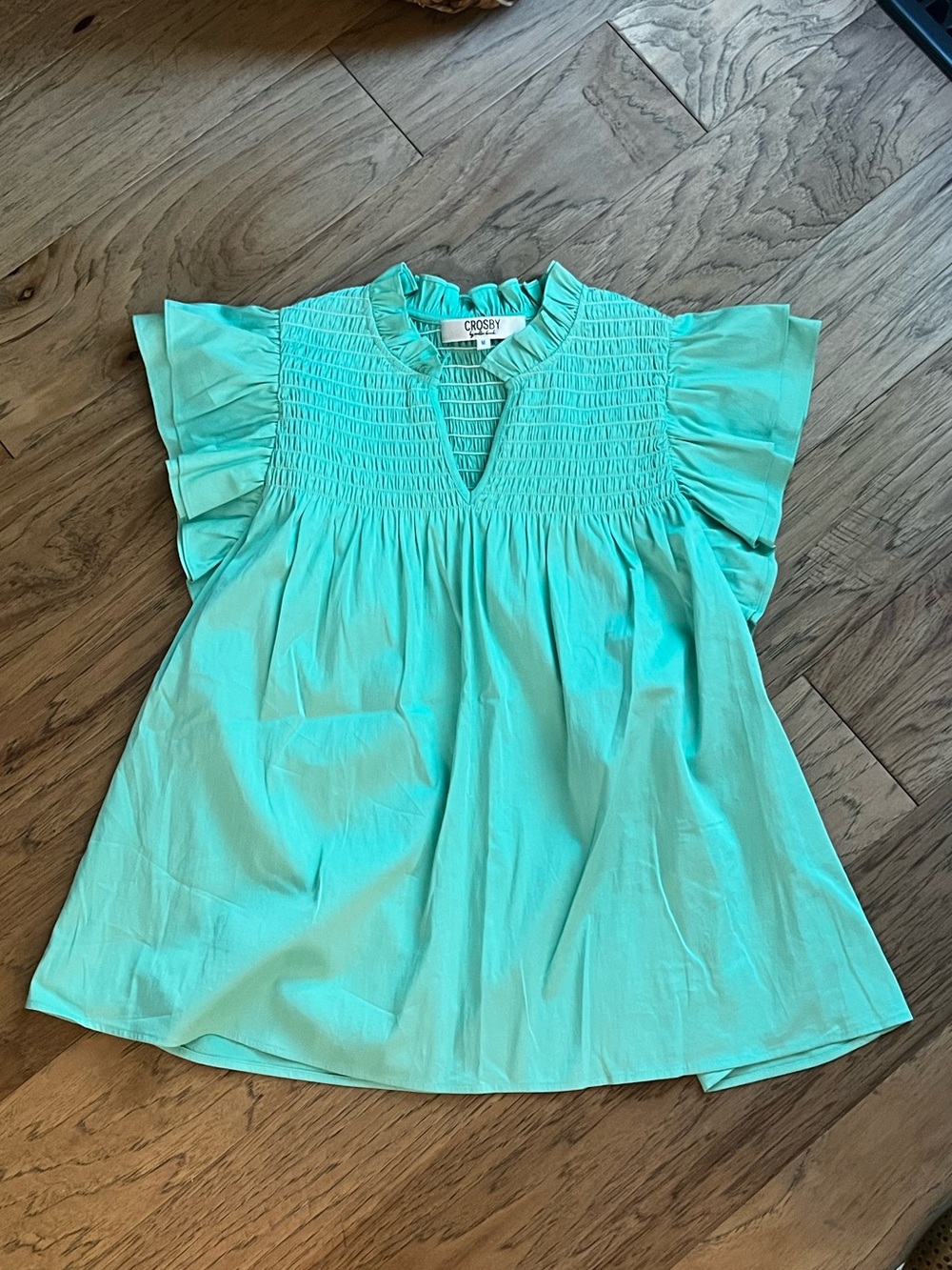 CROSBY by Mollie Burch Aqua Smocked Flutter Sleeve Blouse